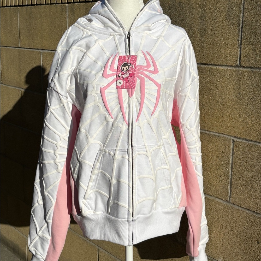 White and Pink Spider Design Hoodie